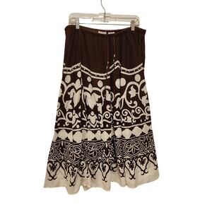 Vintage White Stag Brown Damask Print Pull On Retro Cotton A-Line Maxi Large